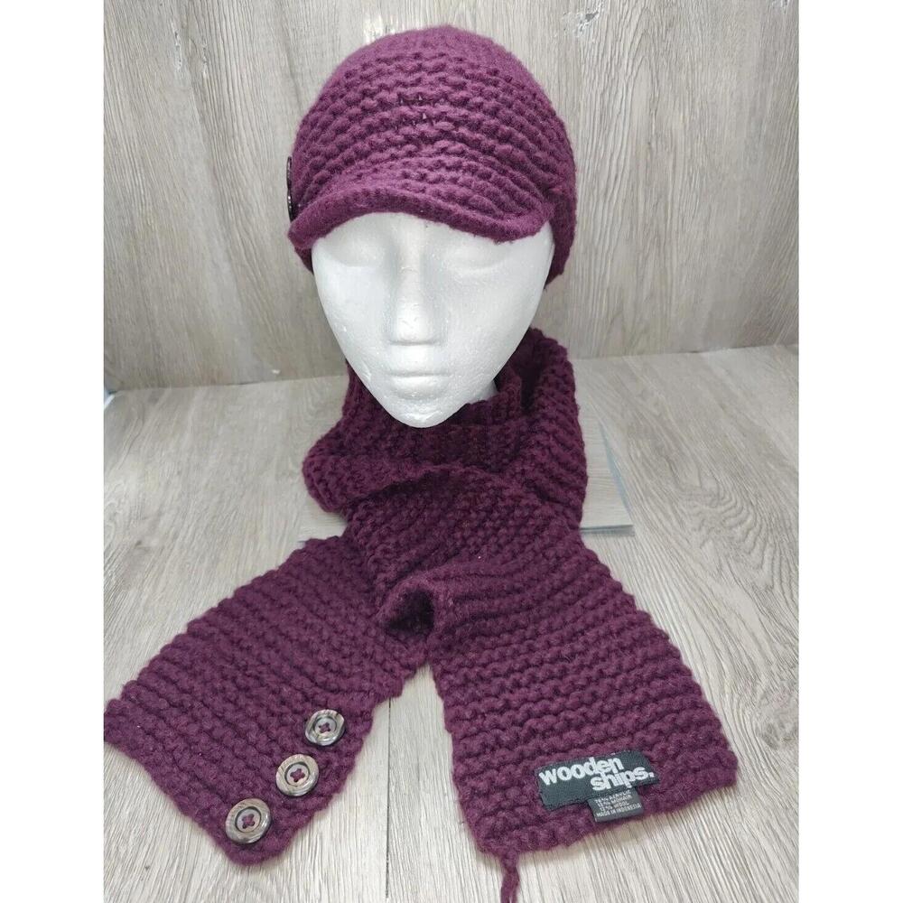 Anthropologie Wooden Ships Set Beanie Scarf Mohair Blend Maroon Berry Purple